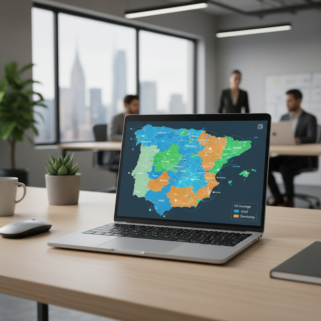 Portátil con mapa interactivo de cobertura 5G en España
