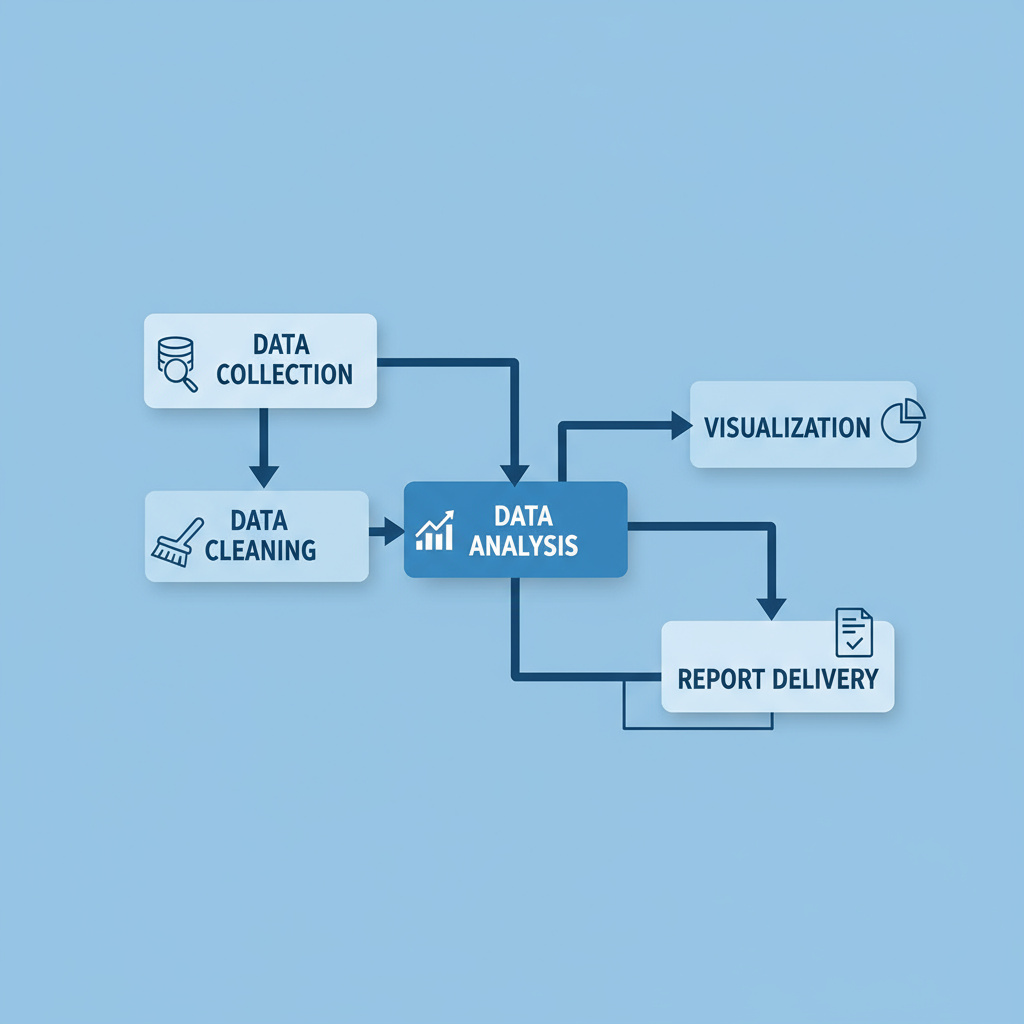 Diagrama del flujo de análisis de datos: recolección, limpieza, análisis, visualización, entrega