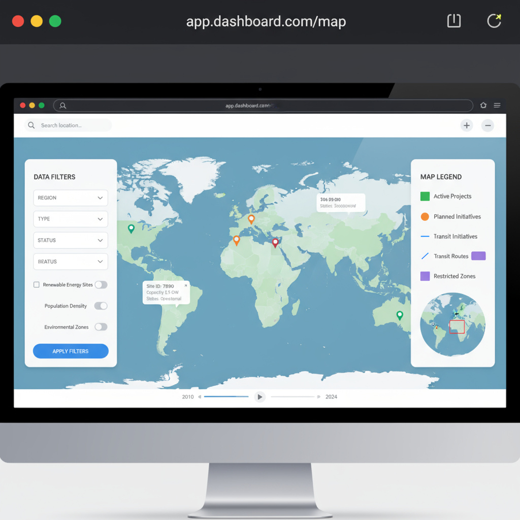 Panel de mapa con filtros y leyenda