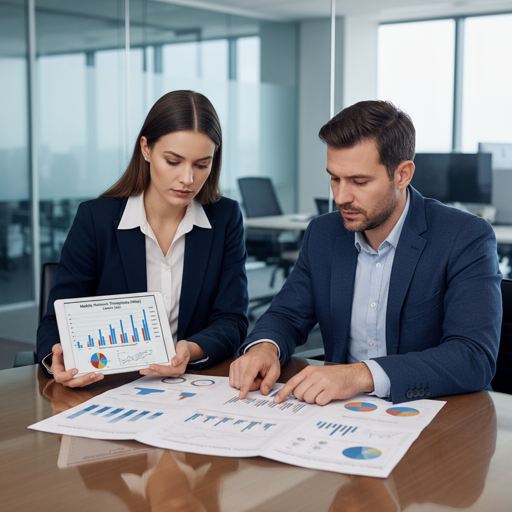 Analistas revisando gráficos de rendimiento móvil